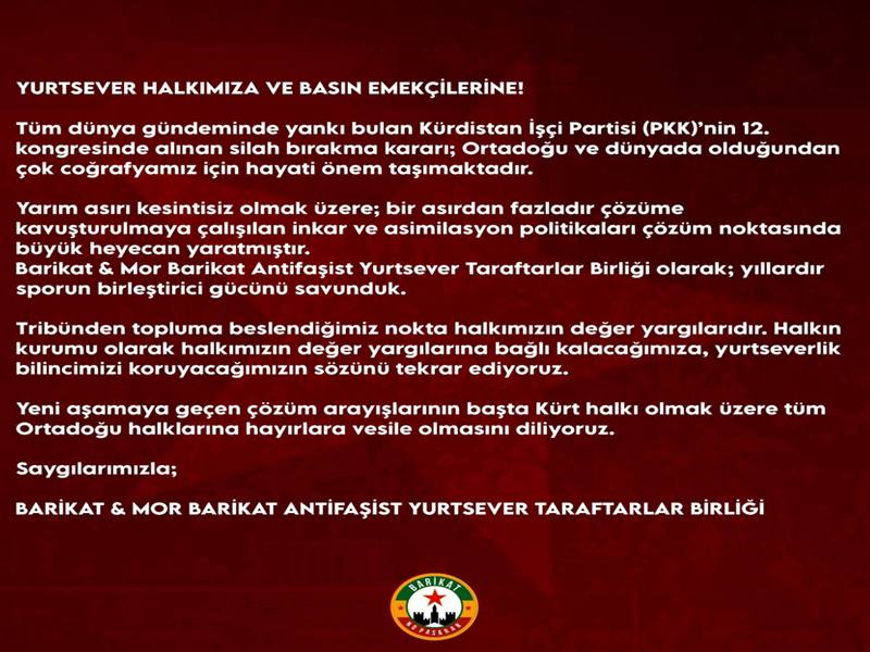 Amedspor Taraftar Gruplarından Çözüm Süreci Mesajı Yurtseverlik Bilincimizi Koruyacağız2