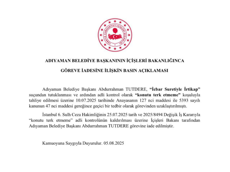 Adıyaman belediye başkanı görevine iade edildi1